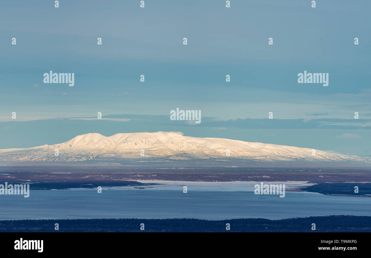 Panorama of morning light on Sleeping Lady (Mount Susitna) in Southcentral Alaska. Stock Photo