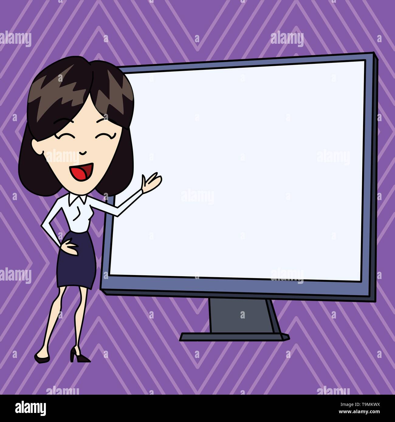 White Female in Standing Pointing Blank Screen Whiteboard Presentation Design business concept Empty copy text for Web banners promotional material mo Stock Vector