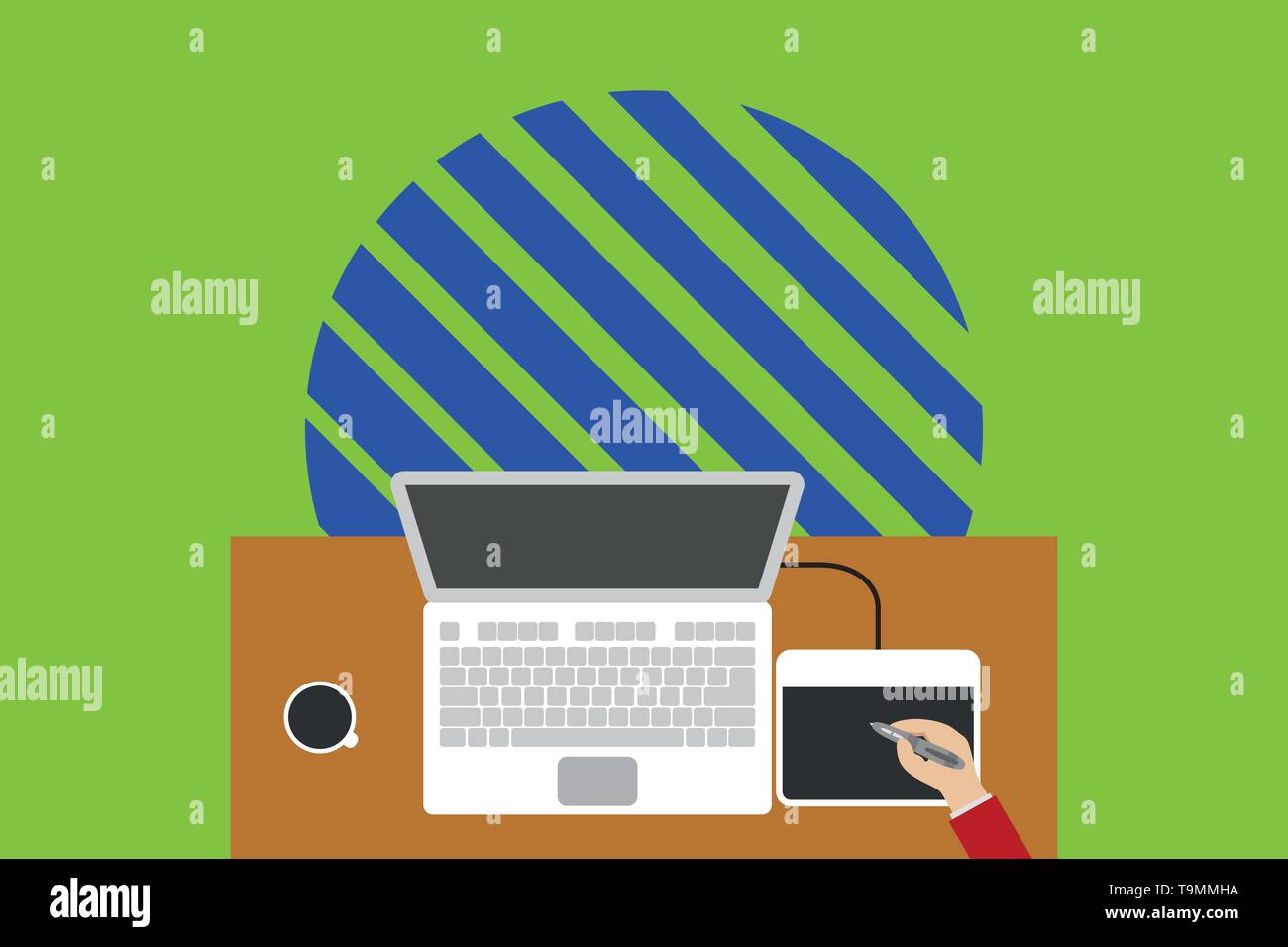 Upper view laptop wooden desk worker drawing tablet coffee cup office