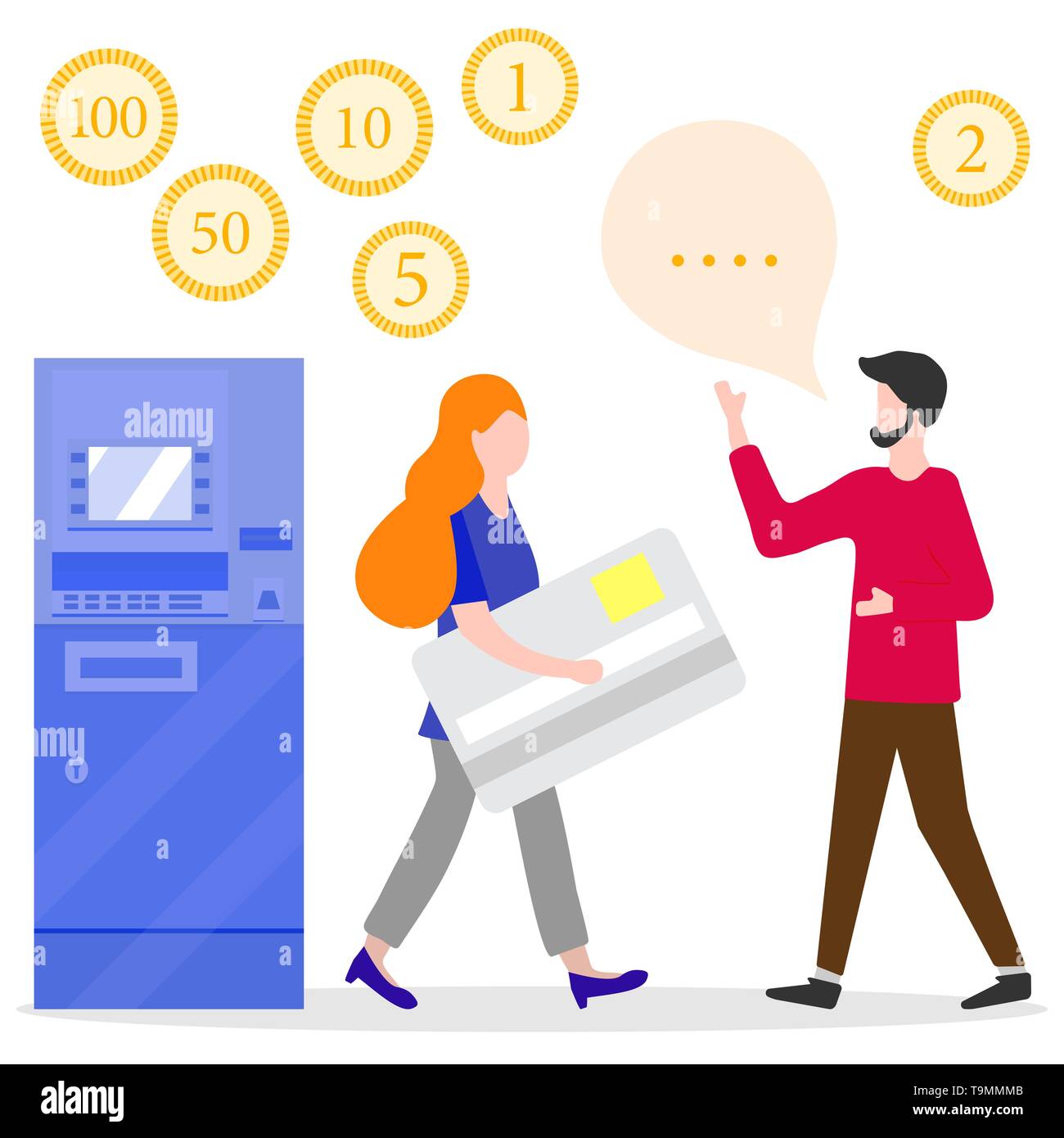 Vector illustration with people near ATM. Woman with bank card, male ...