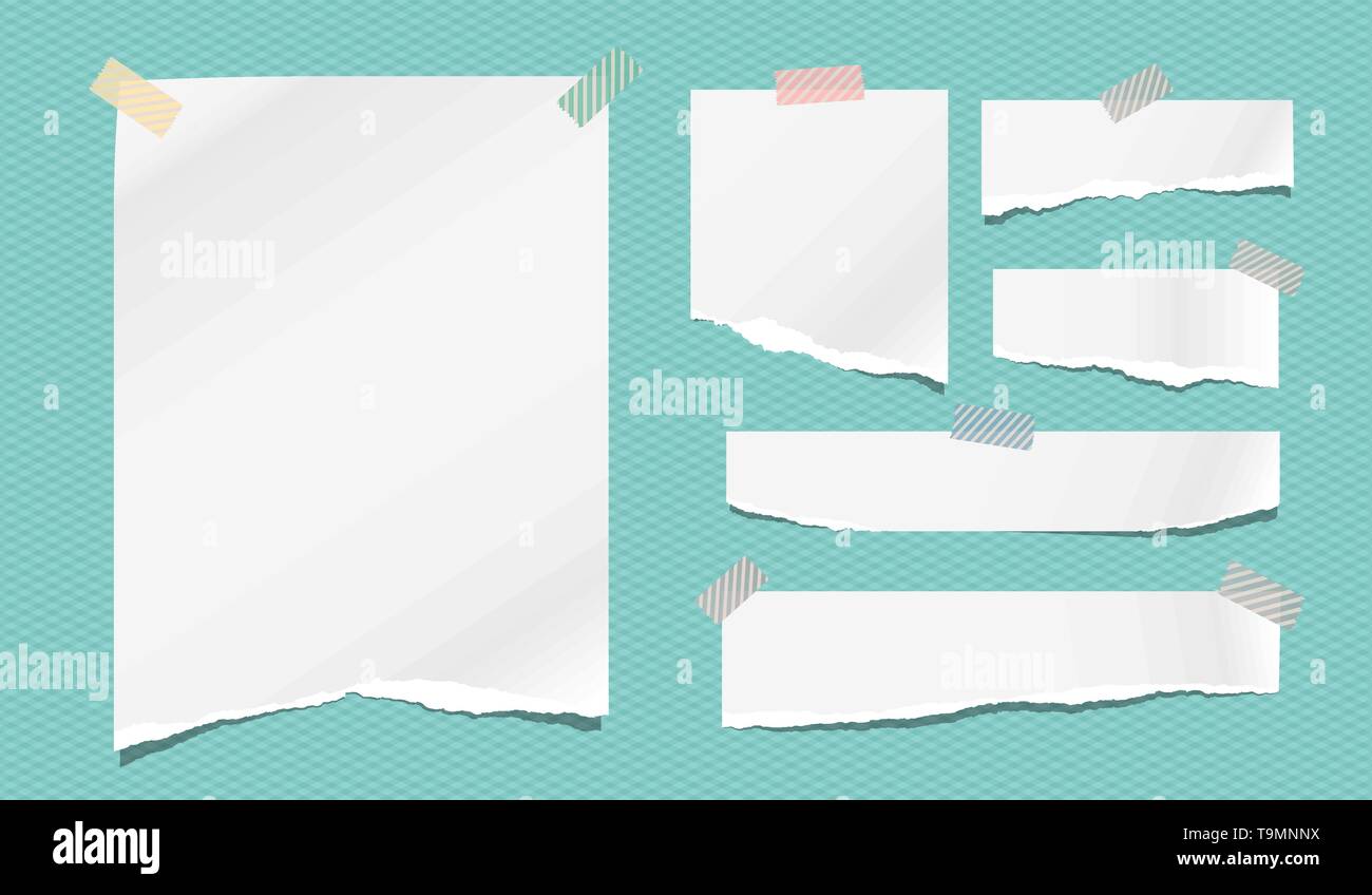 Set of torn note, notebook white paper strips stuck with sticky tape on ...