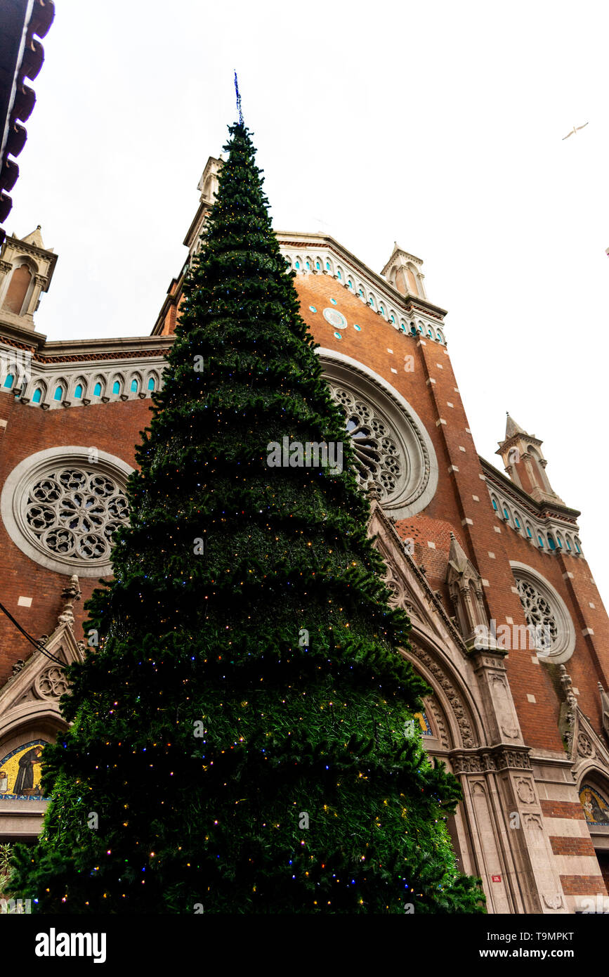 Istanbul, Turkey - November 17, 2018. St. Antuan Catholic Church with a pine tree at Taksim Beyoglu Istanbul. Stock Photo