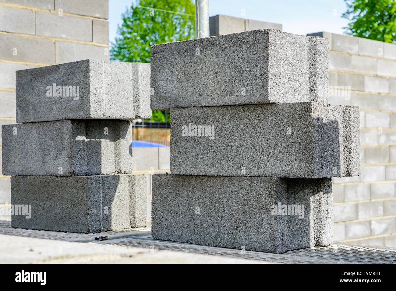 Concrete foundation and wall construction of a new house, view of