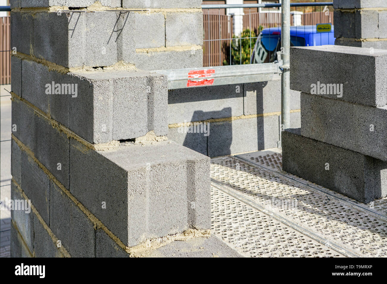 Concrete foundation and wall construction of a new house, view of