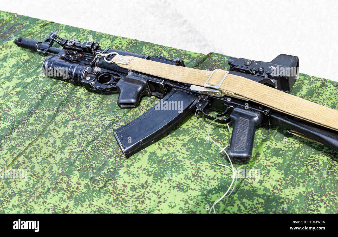 Samara, Russia - May 18, 2019: Kalashnikov ak-47 rifle with under-barrel grenade launcher Stock Photo