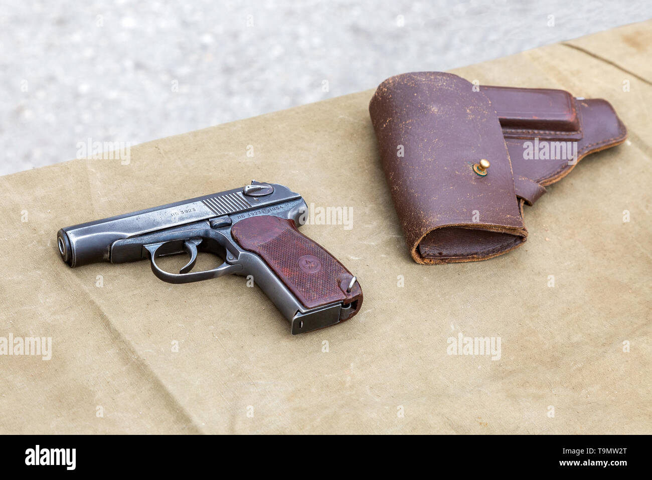 Samara, Russia - May 18, 2019: Old soviet Makarov army handgun and holster Stock Photo