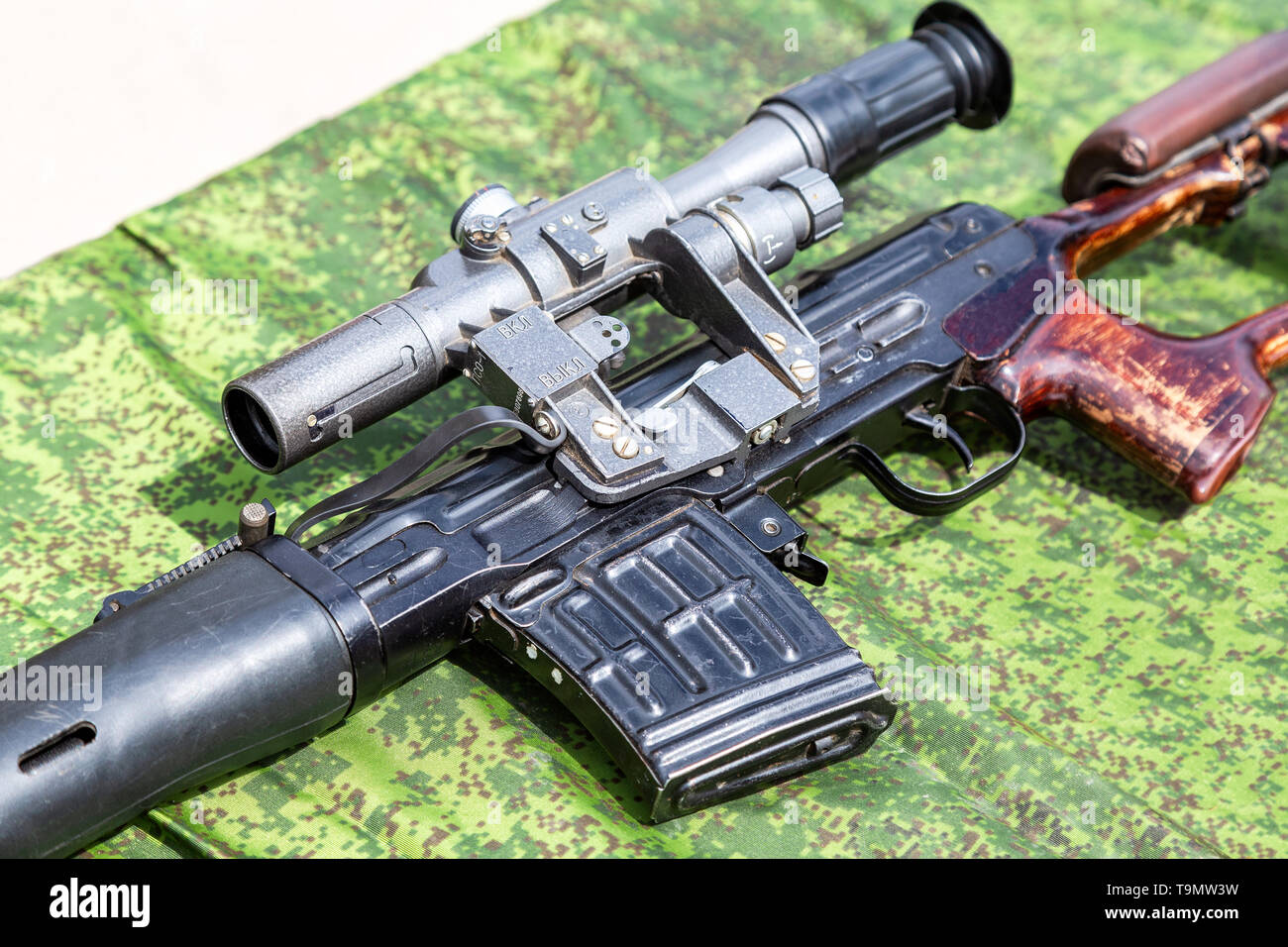 Samara, Russia - May 18, 2019: Optic sight of Russian automatic  sniper rifle close up Stock Photo