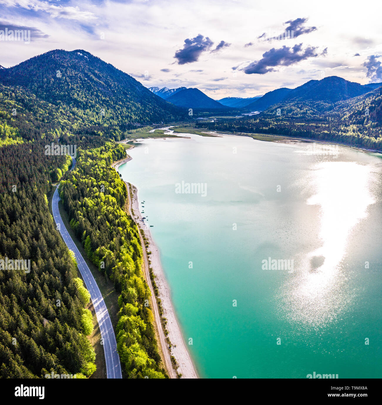 Amazing turquoise lake Sylvenstein, upper Bavaria. Aerial view. May, Germany Stock Photo