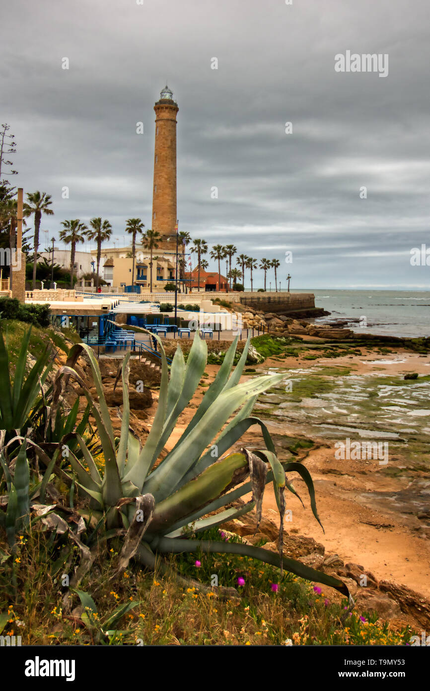 Chipiona beach, in the province of Cadiz, Spain, with the lighthouse in the background on a winter day Stock Photo