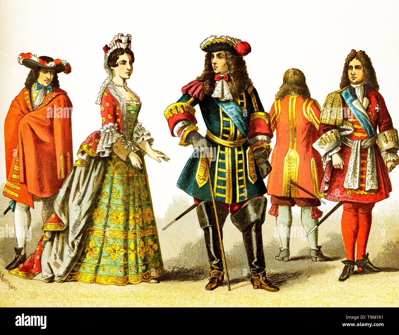 The figures represented here are French people around 1600. They are, from left to right: courtier, lady of rank, Louis XIV in 1680, courtier, courtier. The illustration dates to 1882. Stock Photo