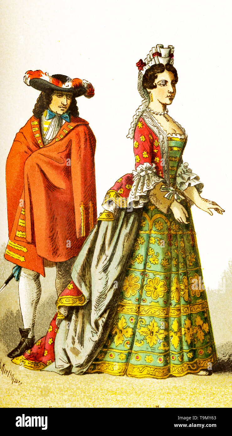 The figures represented here are French people around 1600. They are, from left to right: a courtier and a lady of rank. The illustration dates to 1882. Stock Photo