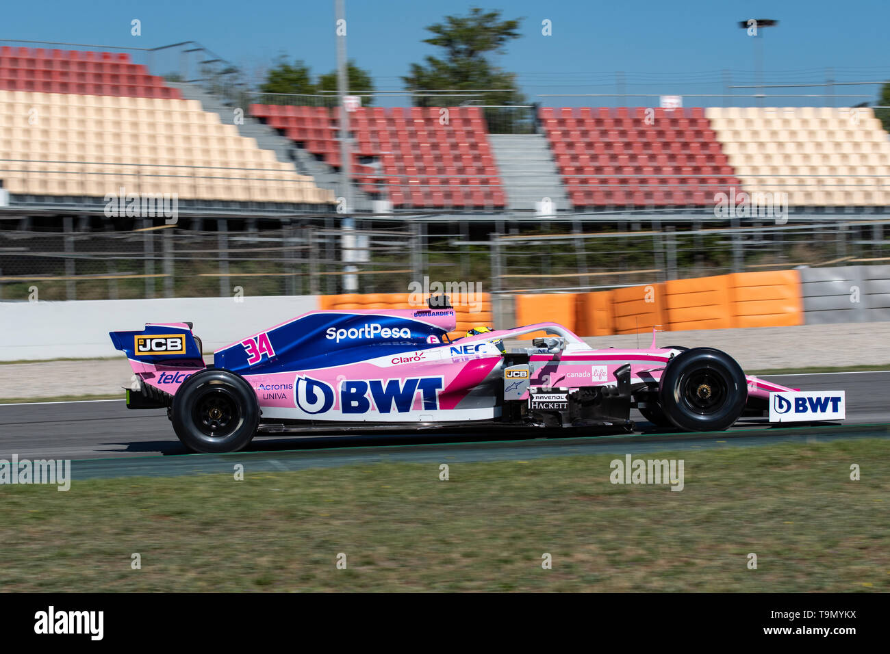 Barcelona, Spain. 14th May, 2019 - Nick Yelloly from UK with 34 SportPesa Racing Point Team on track during  F1 May Test at Circuit de Catalunya. Stock Photo