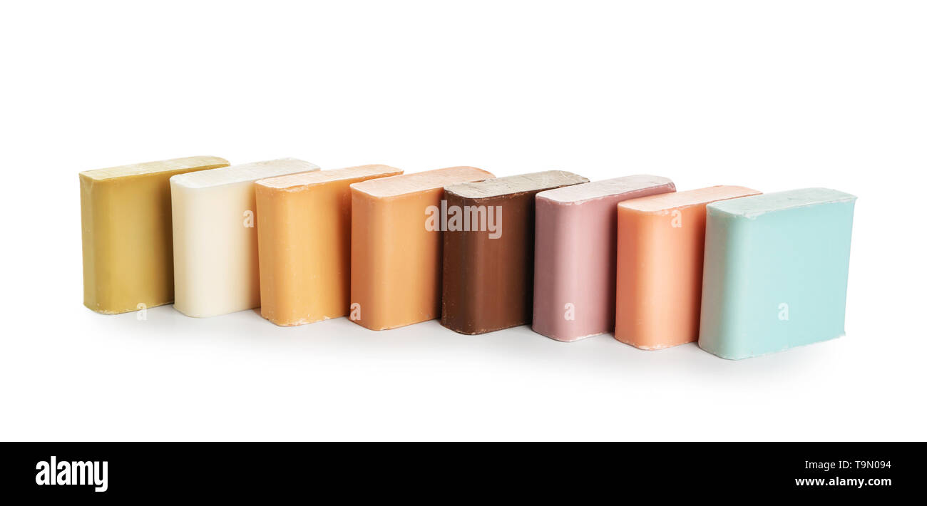 Different soap bars on white background Stock Photo - Alamy
