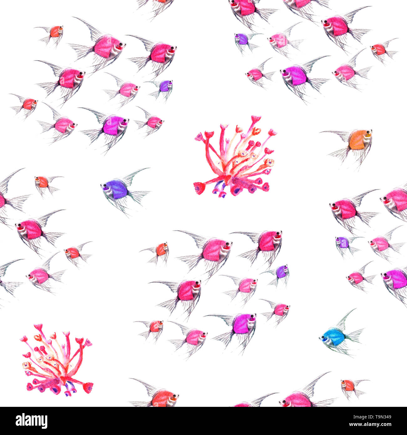 Watercolor hand painted seamless pattern of pink coral and covey of pink Ambassis on white background Stock Photo