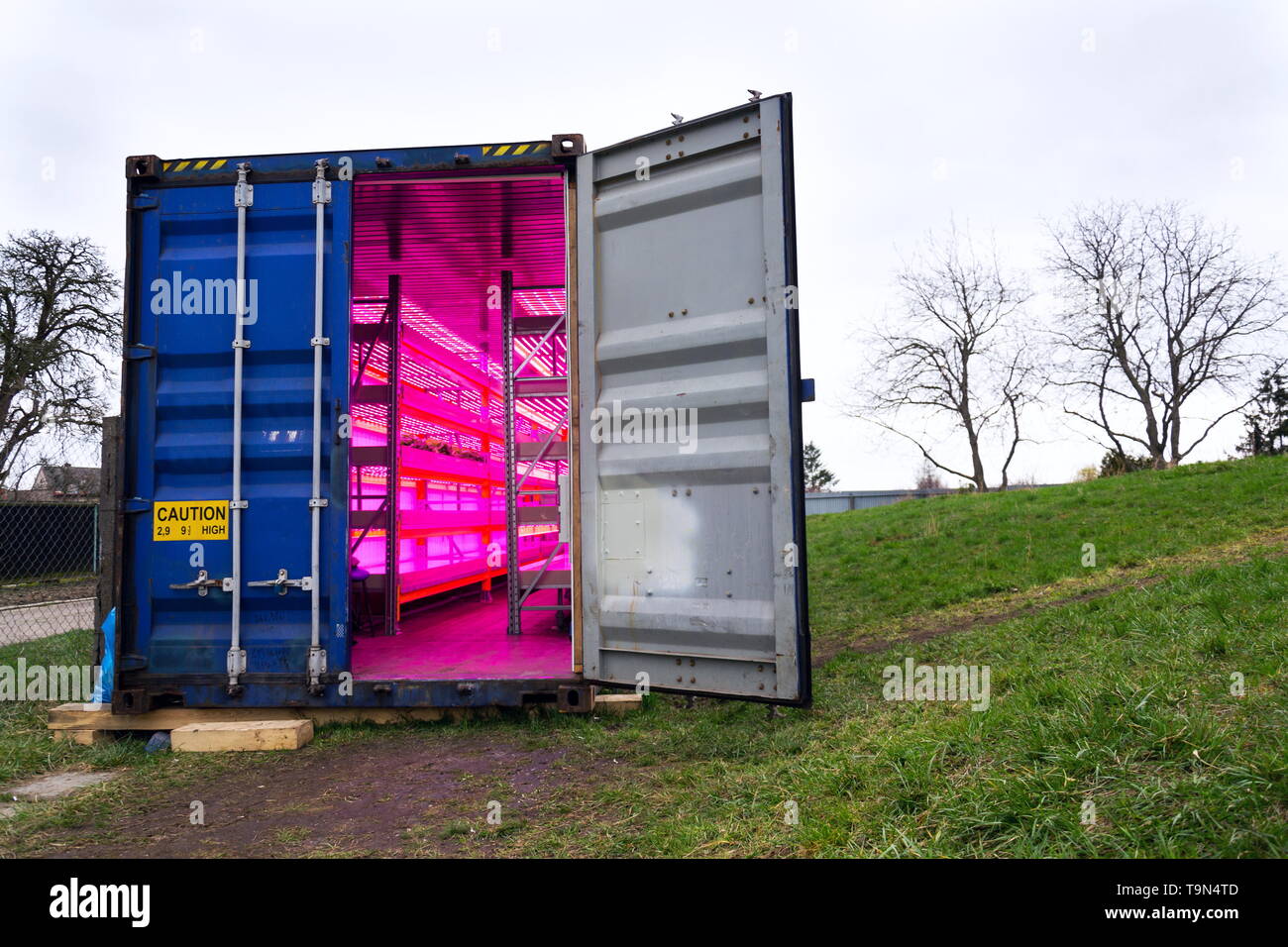 Ready to go shipping container with installed aquaponics, system combines fish aquaculture with hydroponics, cultivating plants in water under artific Stock Photo