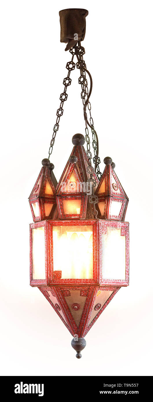 Illuminated vintage hanging lantern isolated on white background. Stock Photo