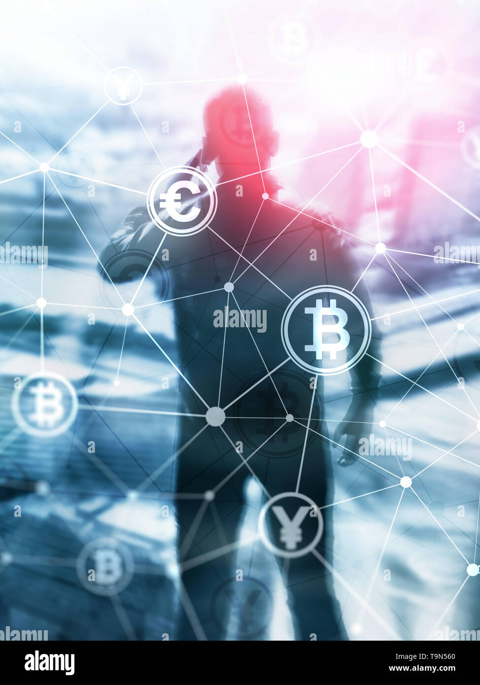 Double exposure Bitcoin and blockchain concept. Digital economy and  currency trading. Abstract Cover Design Vertical Format Stock Photo - Alamy