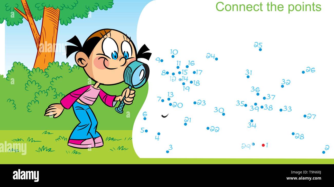 In vector illustration, a puzzle in which you need to connect the dots to find out who the girl met in the forest Stock Vector