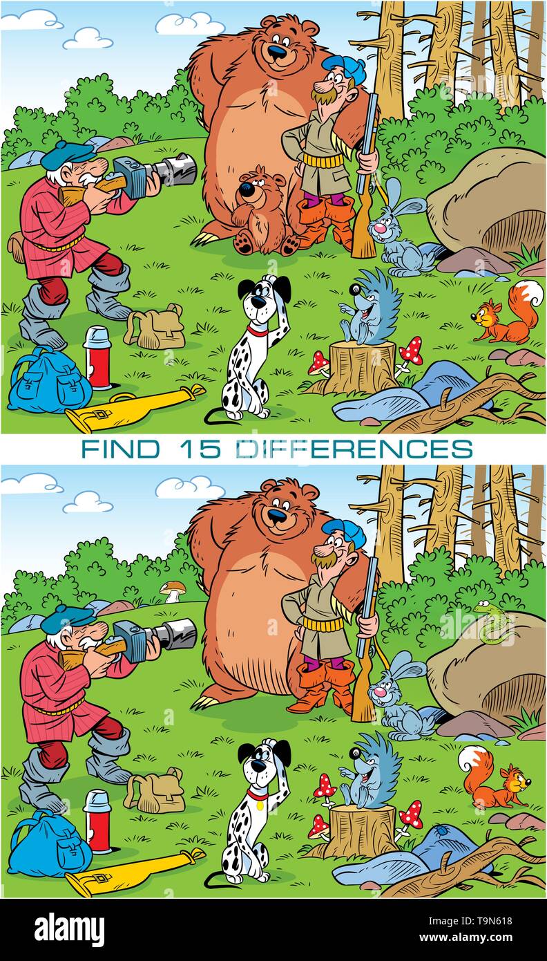 On vector illustration puzzle with animals and photo hunters. Need to