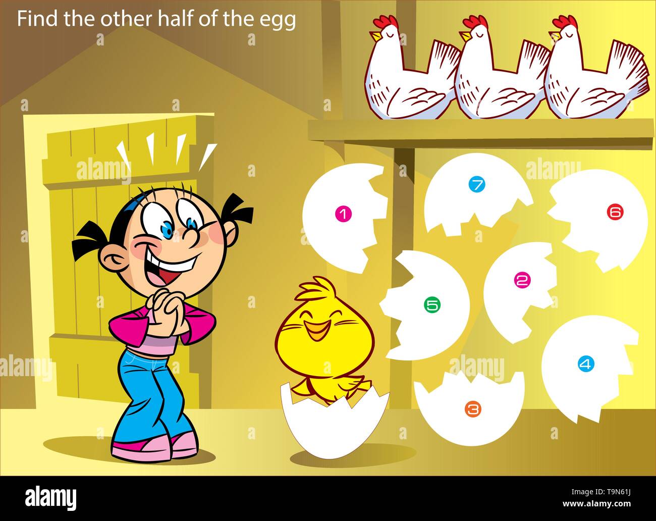 In vector illustration - a puzzle in which you need to find the correct half of the egg from which the hatched chick Stock Vector