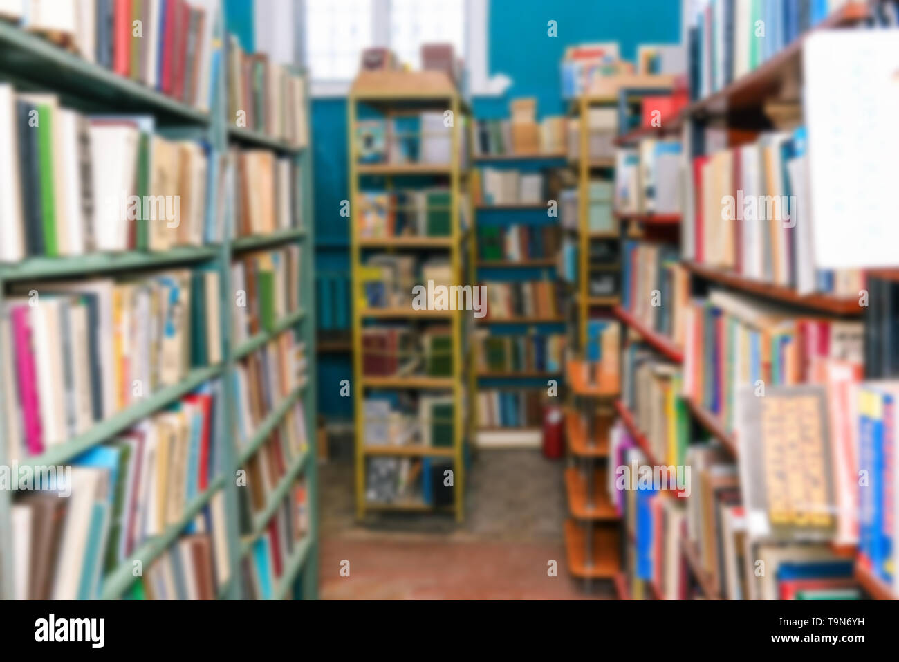 Library room Pass along the bookshelves. Blurred shelves with books. Selling books or getting knowledge at school or university Stock Photo