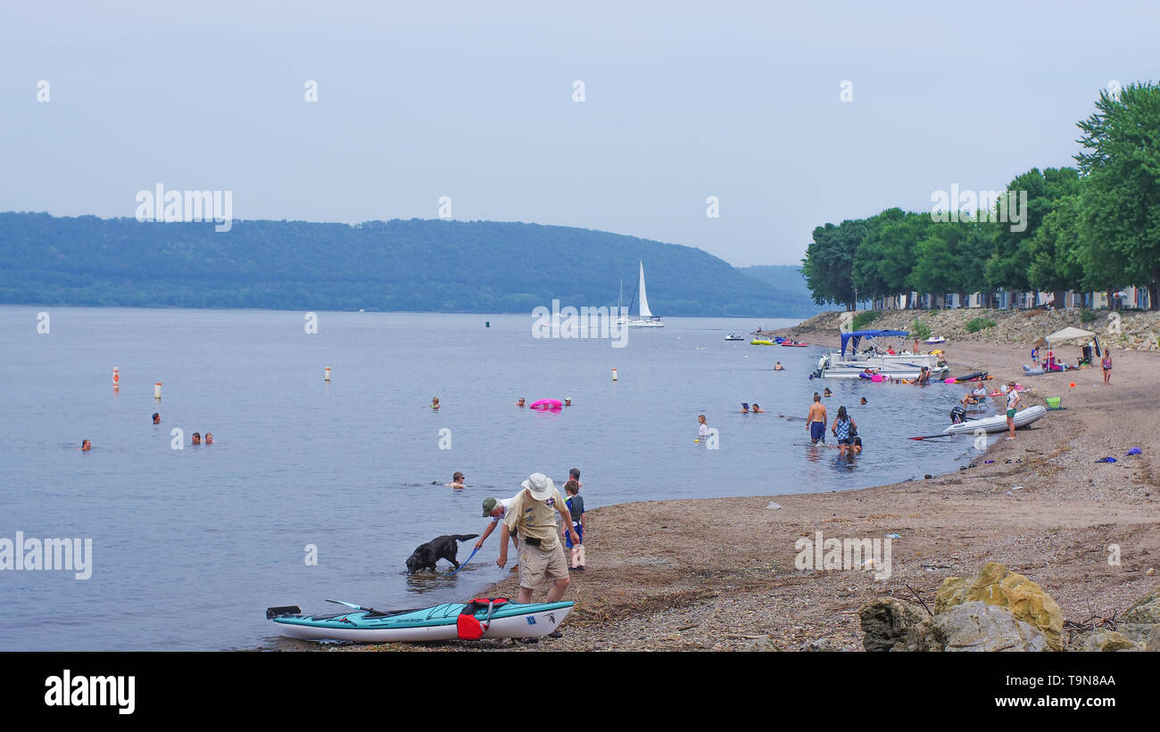 Sandy beach shoreline of Lake Pepin - Lake that is part of the Mississippi River in Minnesota / Wisconsin Stock Photo