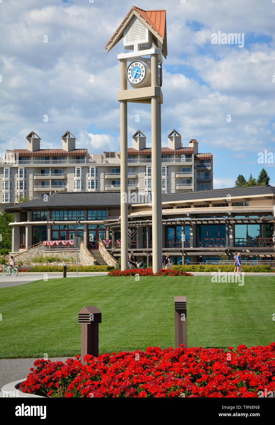 A modern clock tower looms over the lovely landscaping of the modern Coeur d 'Alene Resort hotel in the Lake town of Coeur d'Alene, ID, USA Stock Photo  - Alamy