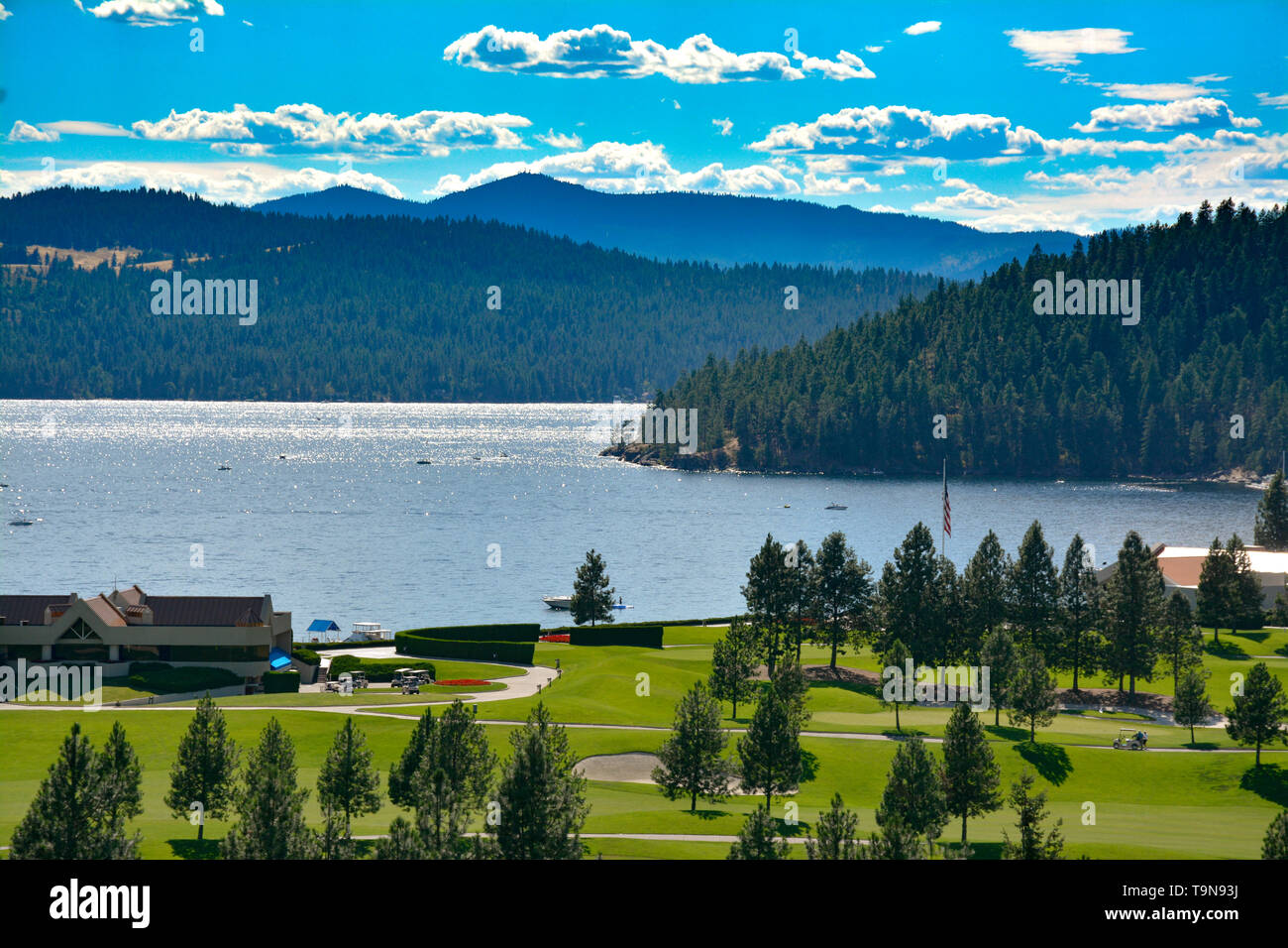 An overview of the Coeur d'Alene Resort Golf course overlooking the Alpine Lake in Coeur d'Alene, ID Stock Photo