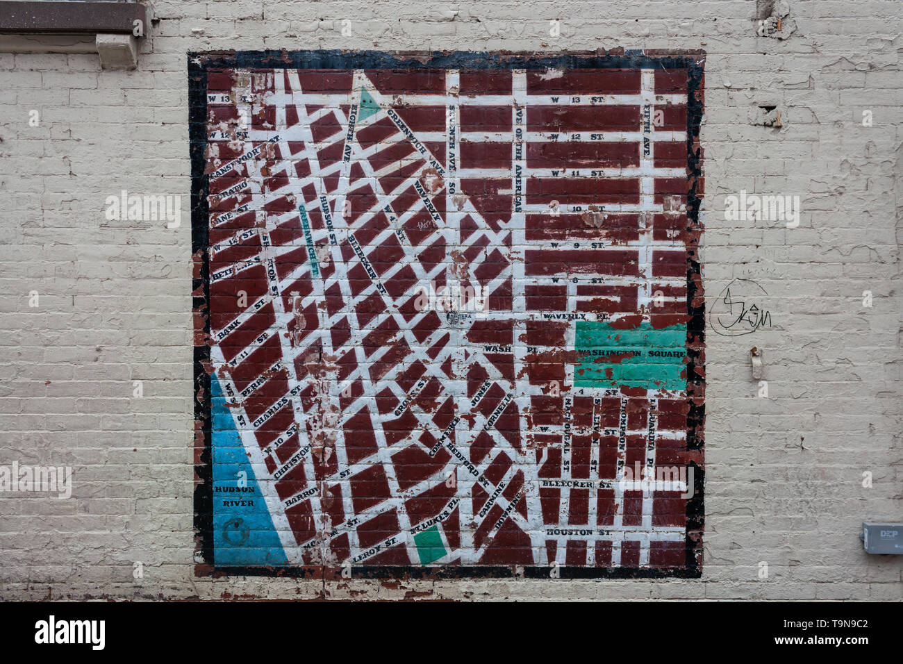 A mural map of Greenwich Village, W. 10th Street, Lower Manhattan, New York City, USA Stock Photo