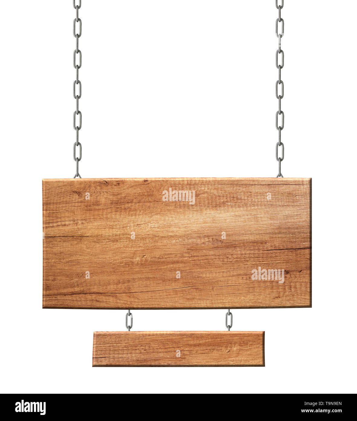 Empty double sign made of natural wood hanging on chains. Isolated on white  background Stock Photo - Alamy
