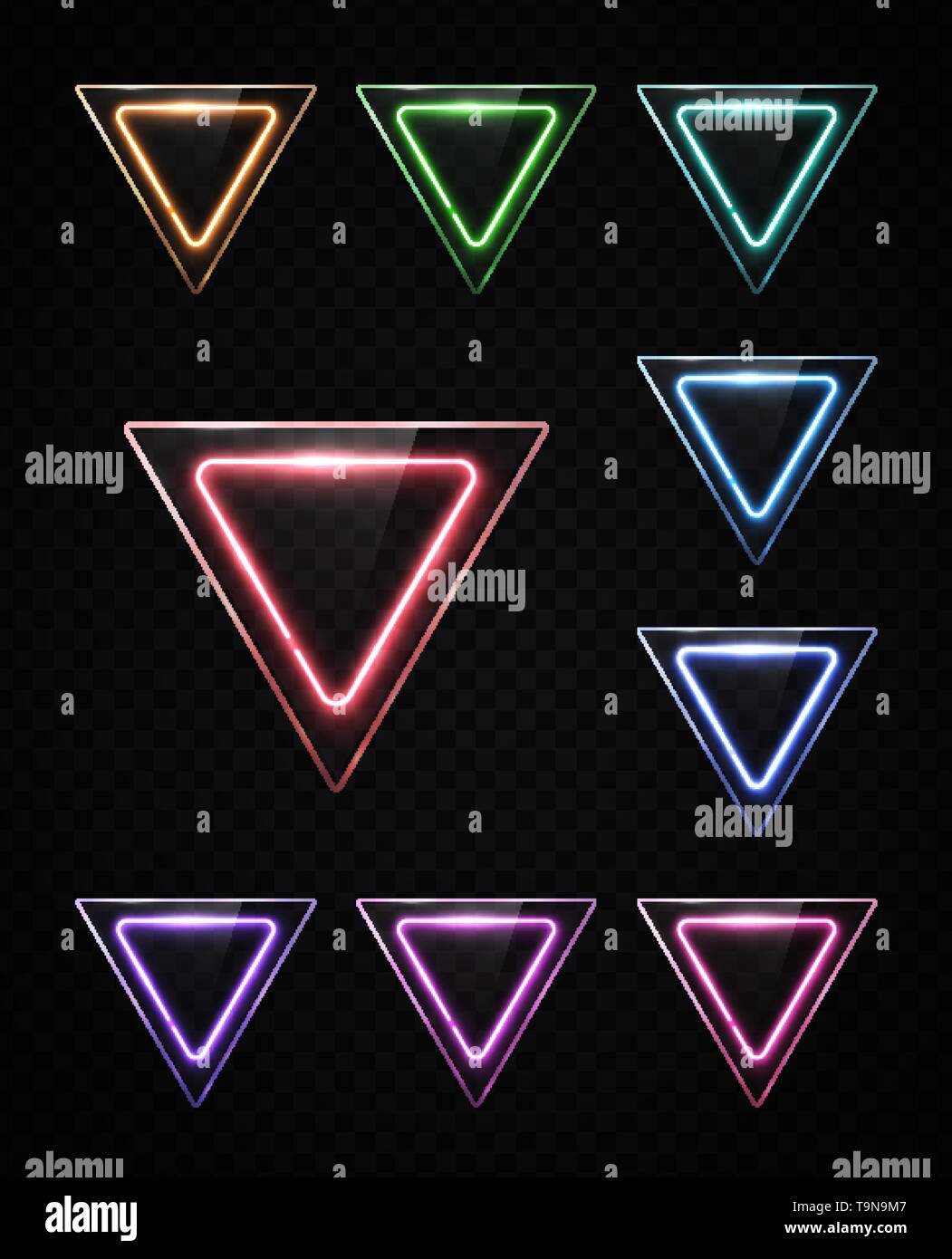 Neon light color set of shining rounded triangle. Stock Vector