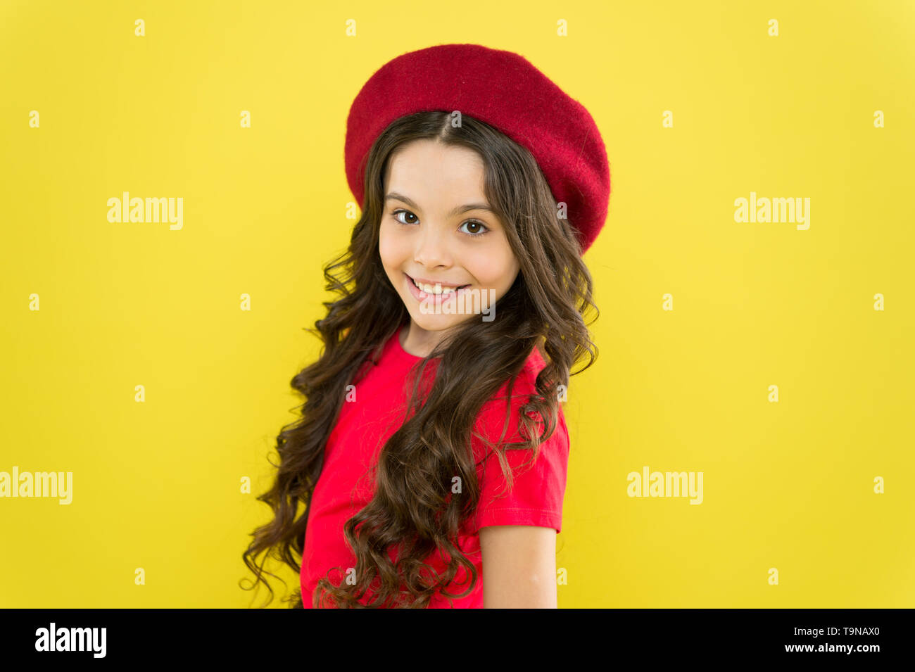 Smiling Child Kid Girl Long Healthy Shiny Hair Wear Red Hat