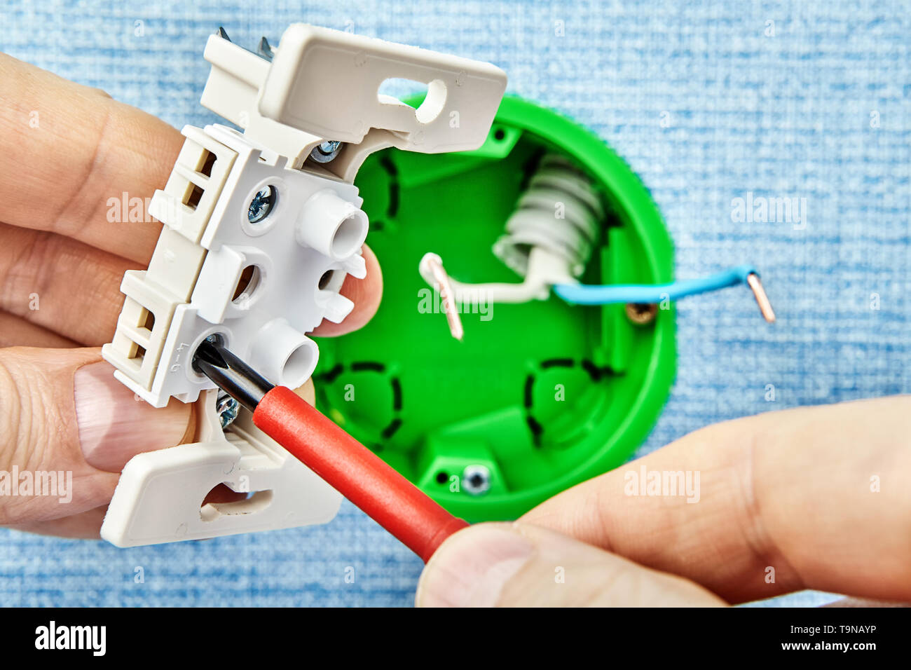 Electrician is tightening screw in new european standard round