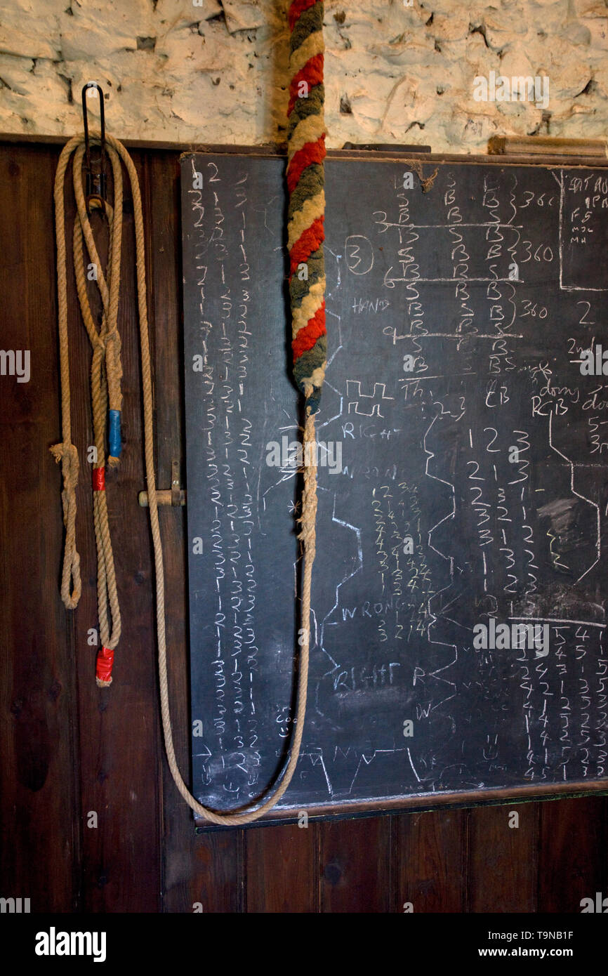 Church bell rope with notes on chalkboard Stock Photo