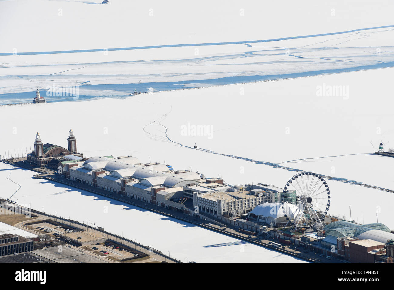 aerial view of Chicago Navy Pier and Lake Michigan in winter Stock Photo