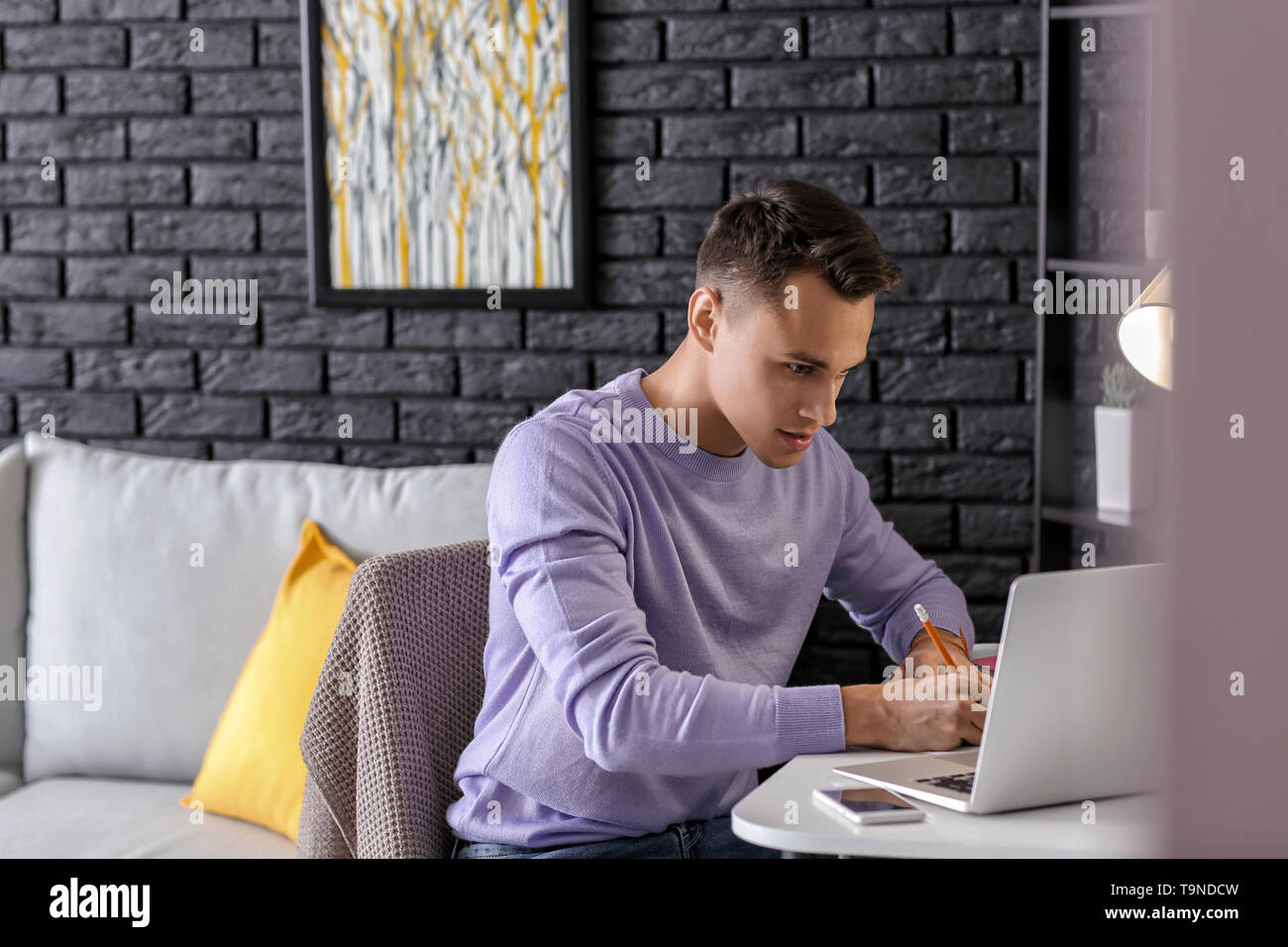 Male student preparing for exam at home Stock Photo