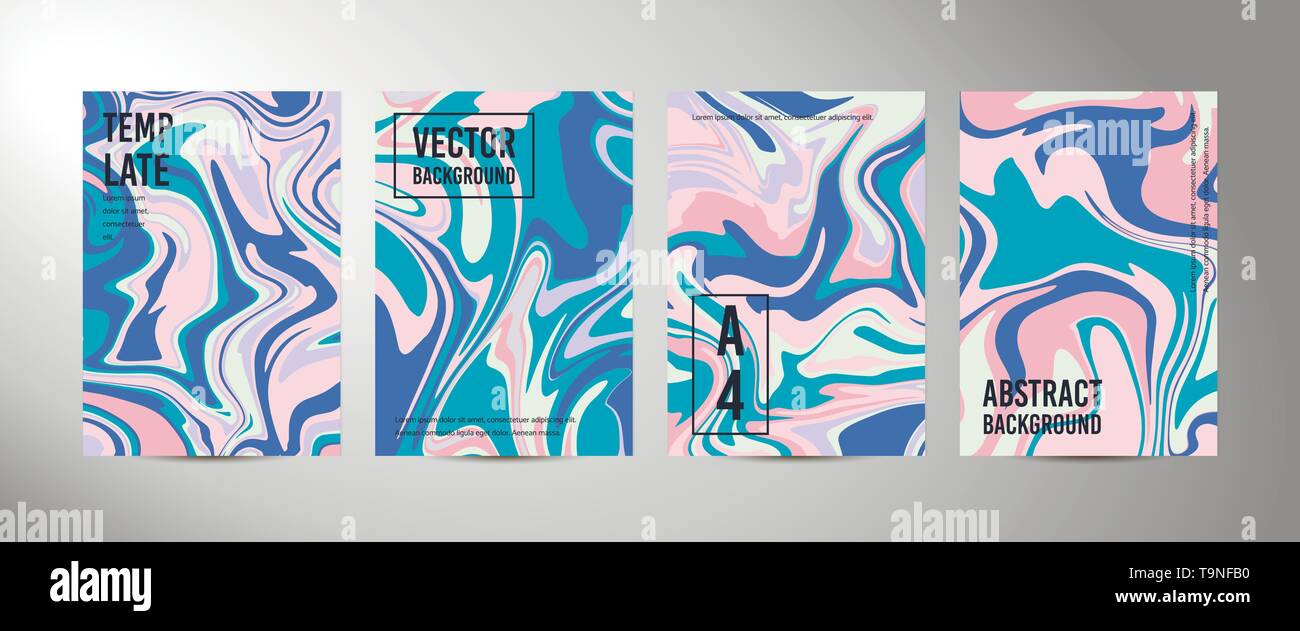 Four vector abstract background A4. Marble texture. Fluid art. Liquid mixed paint colors pink, blue, white. Colorful liquid. Template for poster, card, brochure, invitation, cover book catalogue Stock Vector