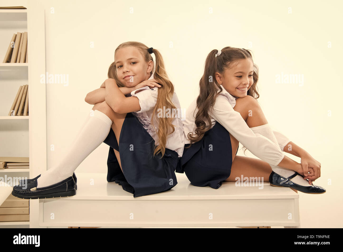 School Break Concept Schoolgirls Cute Pony Tails Hairstyle Sit On