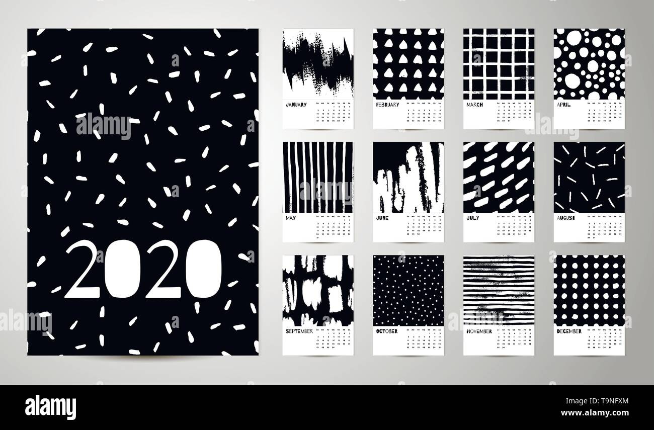 2020 English Calendar Abstract Vector Hand Draw black and white. Set of 12 Months, Week starts Sunday. Monochrome minimalism style. Stock Vector