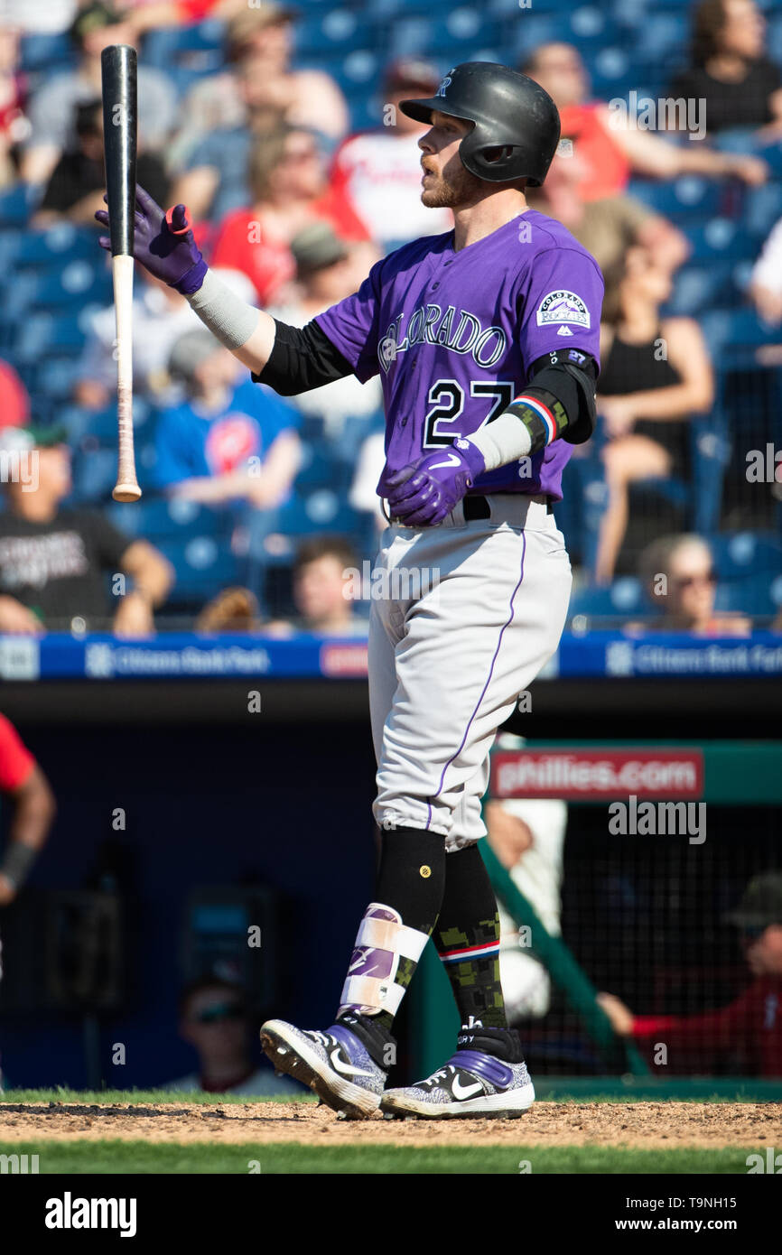 Philadelphia, Pennsylvania, USA. 19th May, 2019. Colorado Rockies shortstop  Trevor Story (27) reacts to the swing and miss during the MLB game between  the Colorado Rockies and Philadelphia Phillies at Citizens Bank