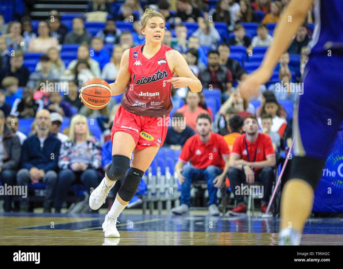 The O2, London, UK. 19th May, 2019. Riders' Holly Winterburn (6) pushes forward with the ball. Tensions run high in the 2019 WBBL Women's British Basketball League Play-Off Final between Sevenoaks Suns and Leicester Riders. Leicester Riders have managed a double entry this year, with both the men's and women's teams reaching their respective finals. Sevenoaks Suns win 60-55 over Leicester Riders. Credit: Imageplotter/Alamy Live News Stock Photo