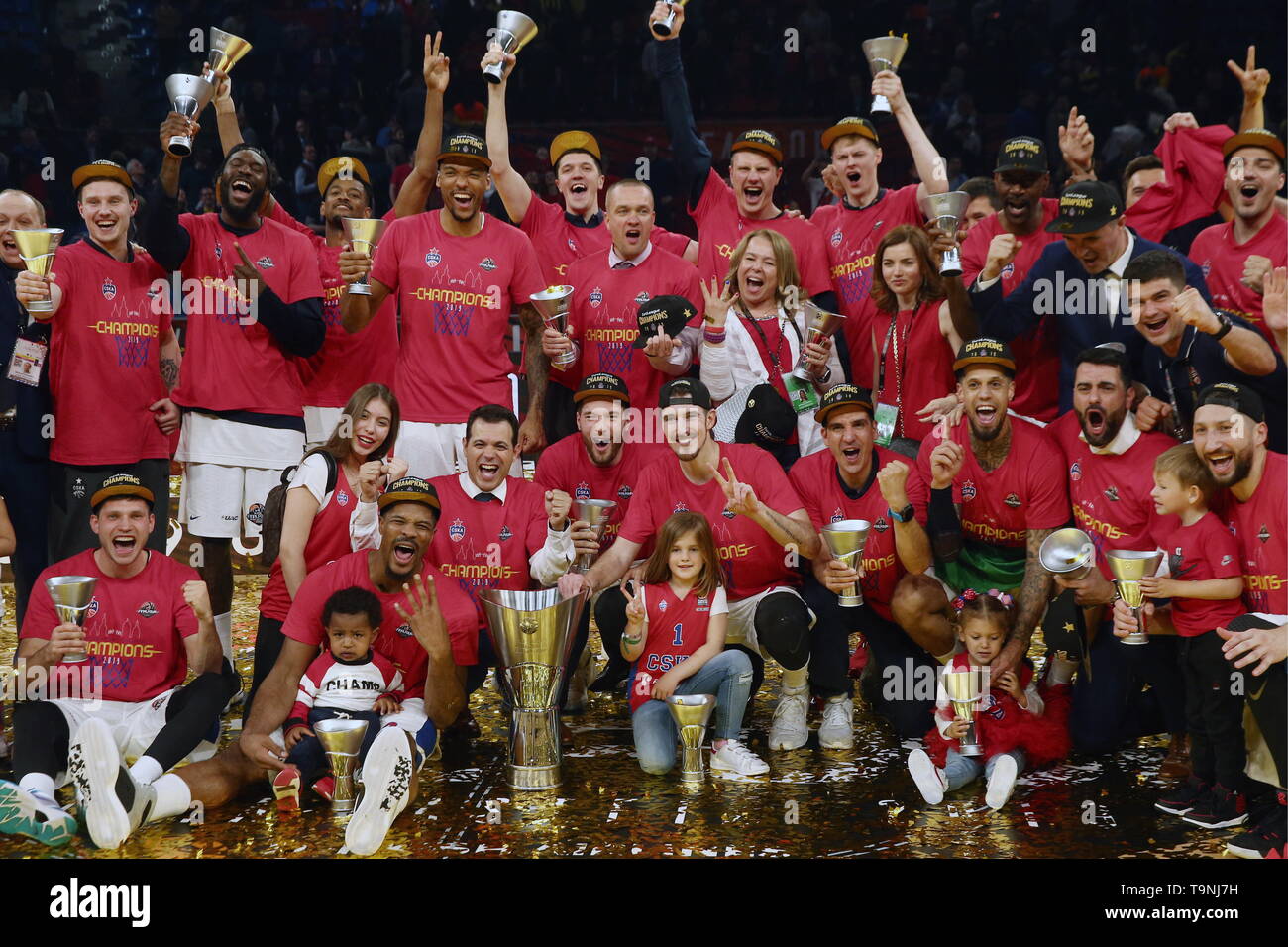Vitoria Gasteiz, Spain. 19th May, 2019. VITORIA-GASTEIZ, SPAIN - MAY 19,  2019: BC CSKA Moscow's players celebrate winning their 2019 Basketball  Euroleague Final Four championship game against BC Anadolu Efes Istanbul, at