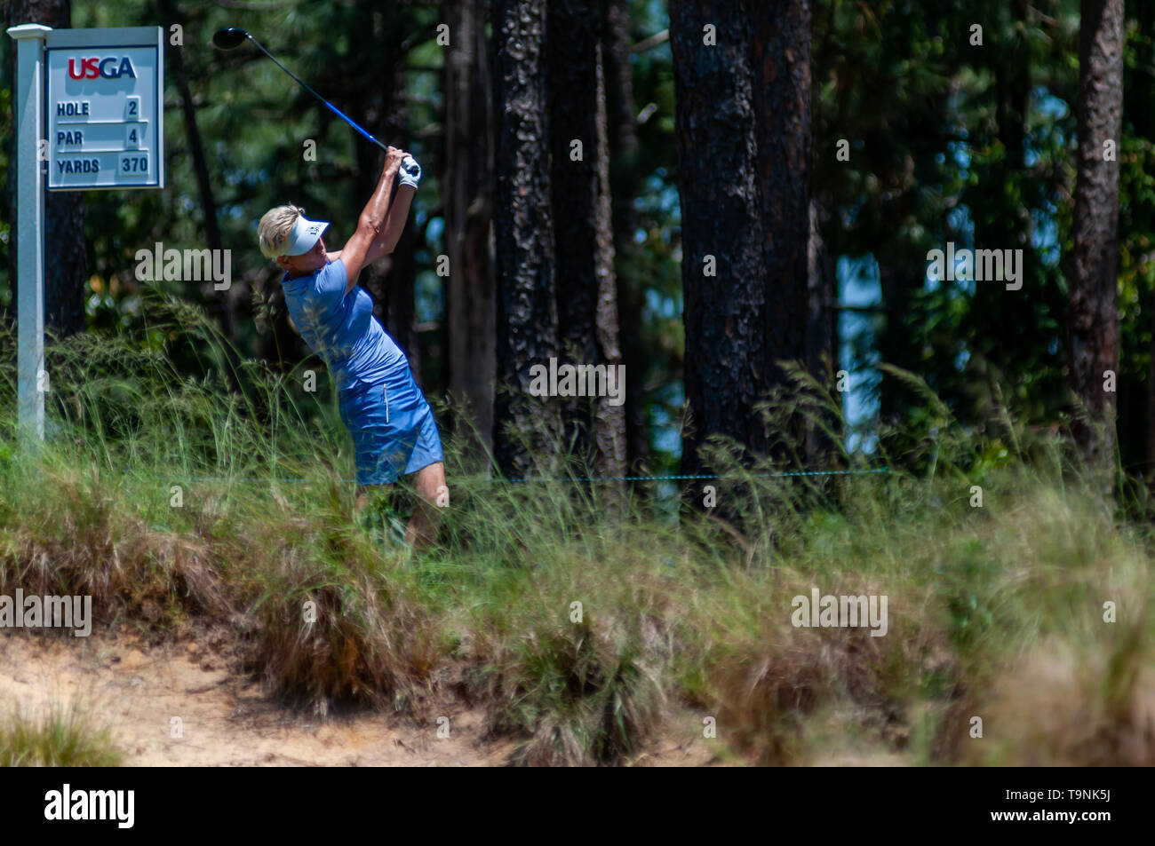 Southern Pines, North Carolina, USA. 19th May, 2019. May 19, 2019 - Southern Pines, North Carolina, US - TRISH JOHNSON of England plays her shot from the second tee during the final round of the USGA's 2nd U.S. Senior Women's Open Championship at Pine Needles Lodge & Golf Club, May 19, 2019 in Southern Pines, North Carolina. HELEN ALFREDSSON of Sweden won with a final round of 72, carding a 285 total for the tournament. Credit: Timothy L. Hale/ZUMA Wire/Alamy Live News Stock Photo