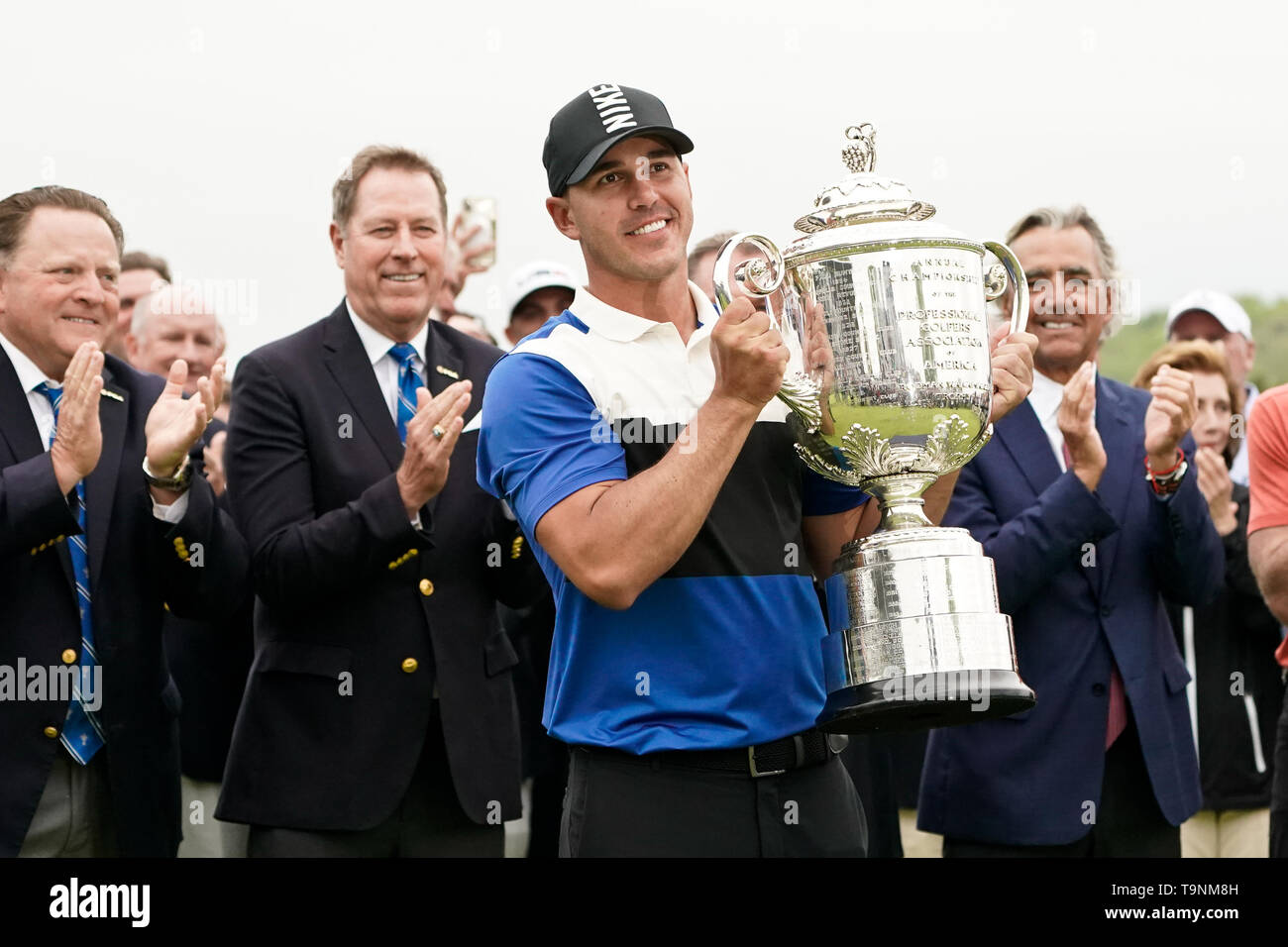 Bethpage, New York, USA. 19th May, 2019. Brooks Koepka holds the Wanamaker trophy after winning the 101st PGA Championship at Bethpage Black. Credit: Debby Wong/ZUMA Wire/Alamy Live News Stock Photo