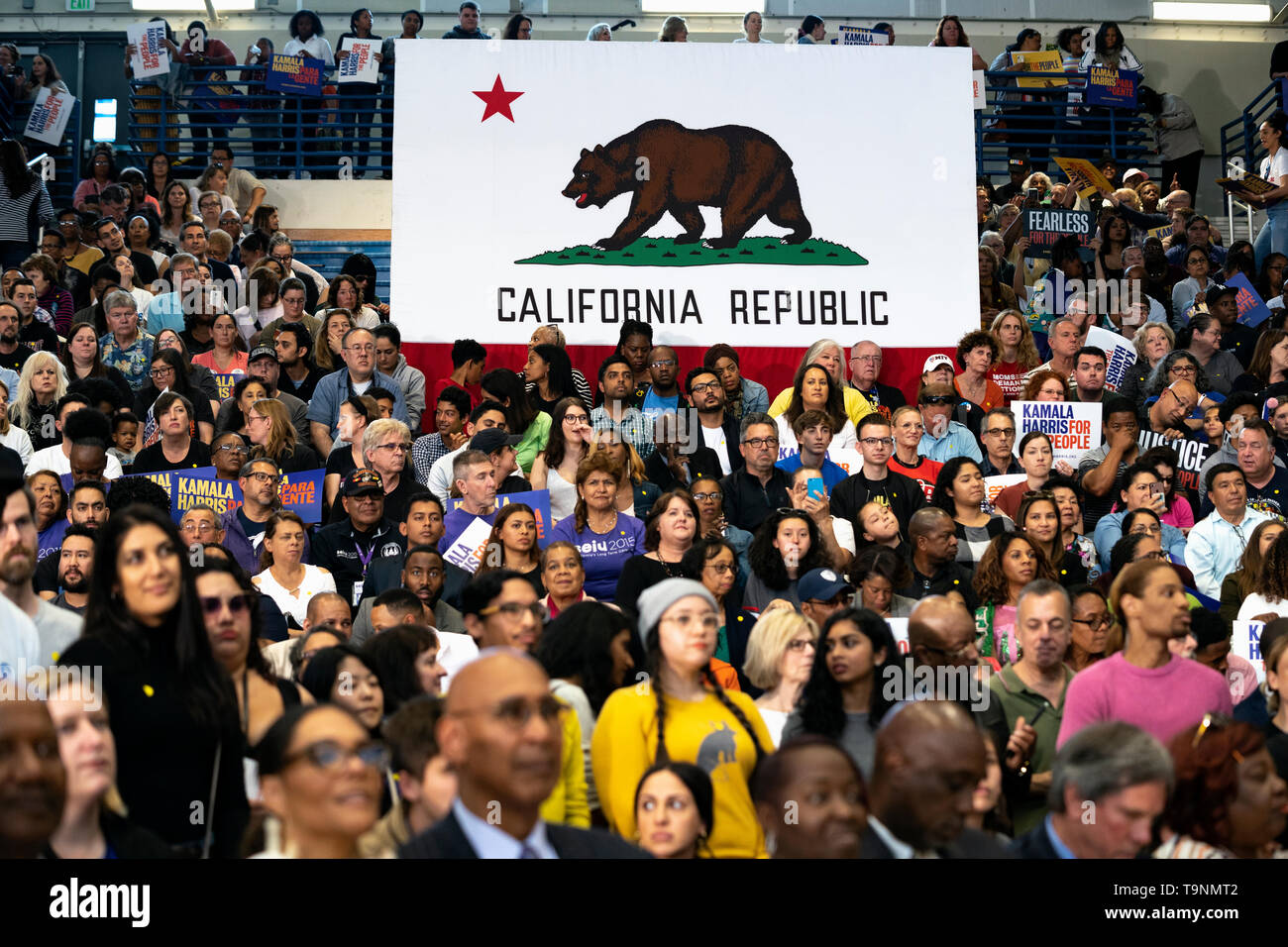 Los Angeles, California, USA. 19th May, 2019. Supporters of Democratic presidential candidate U.S. Senator Kamala Harris seen during a campaign rally in Los Angeles. This was Harris's first campaign rally in Los Angeles since she announced her candidacy for the President of the United States. The candidate spoke about the need to combat gun violence, raise teacher pay and provide middle class tax relief. Credit: SOPA Images Limited/Alamy Live News Stock Photo