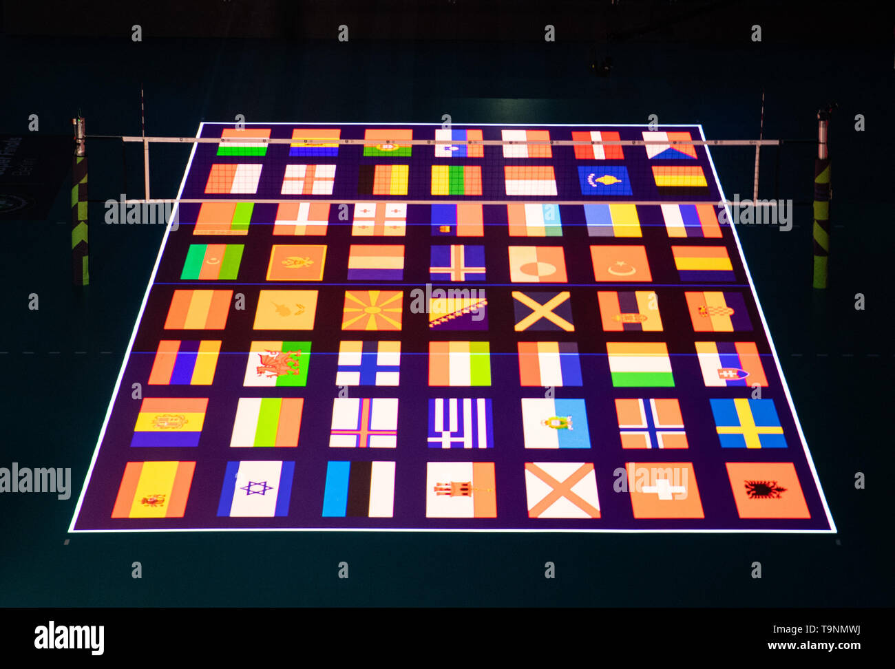Berlin, Germany. 18th May, 2019. Volleyball, women: Champions League, Igor Gorgonzola Novara - Imoco Volley Conegliano, knockout round, final. The flags of various European nations are projected onto the volleyball field before the match. Credit: Soeren Stache/dpa/Alamy Live News Stock Photo
