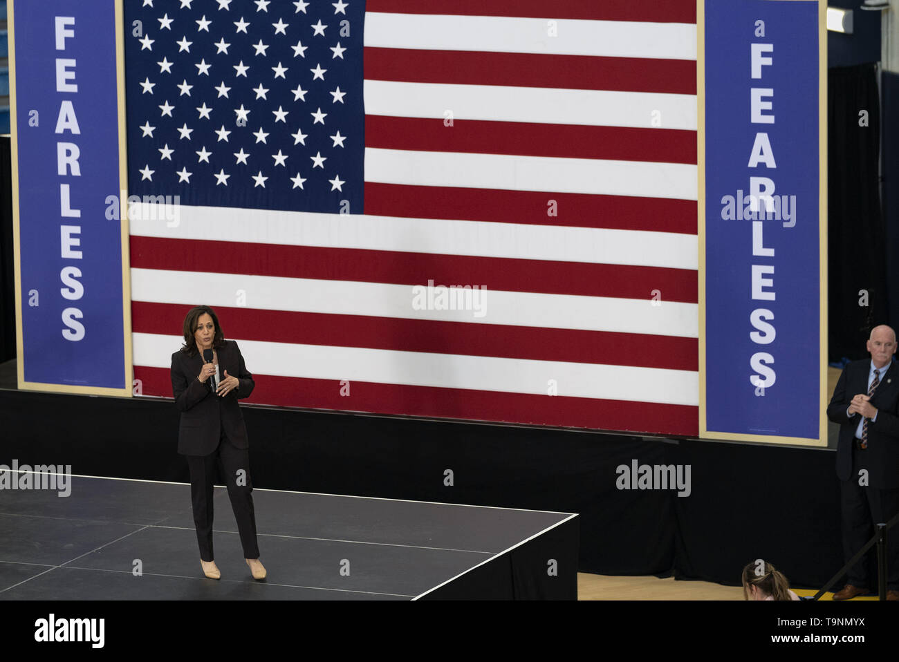 Los Angeles, CA, USA. 19th May, 2019. Democratic presidential candidate U.S. Senator Kamala Harris (D-CA) seen speaking at a campaign rally in Los Angeles. This was Harris's first campaign rally in Los Angeles since she announced her candidacy for the President of the United States. The candidate spoke about the need to combat gun violence, raise teacher pay and provide middle class tax relief. Credit: Ronen Tivony/SOPA Images/ZUMA Wire/Alamy Live News Stock Photo