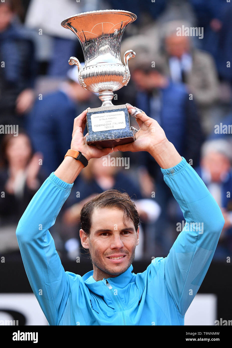 Rome, Italy. 19th May, 2019. Rafael Nadal of Spain poses with the trophy  after winning the men's singles final match against Novak Djokovic of  Serbia at the Italian Open Tennis tournament in