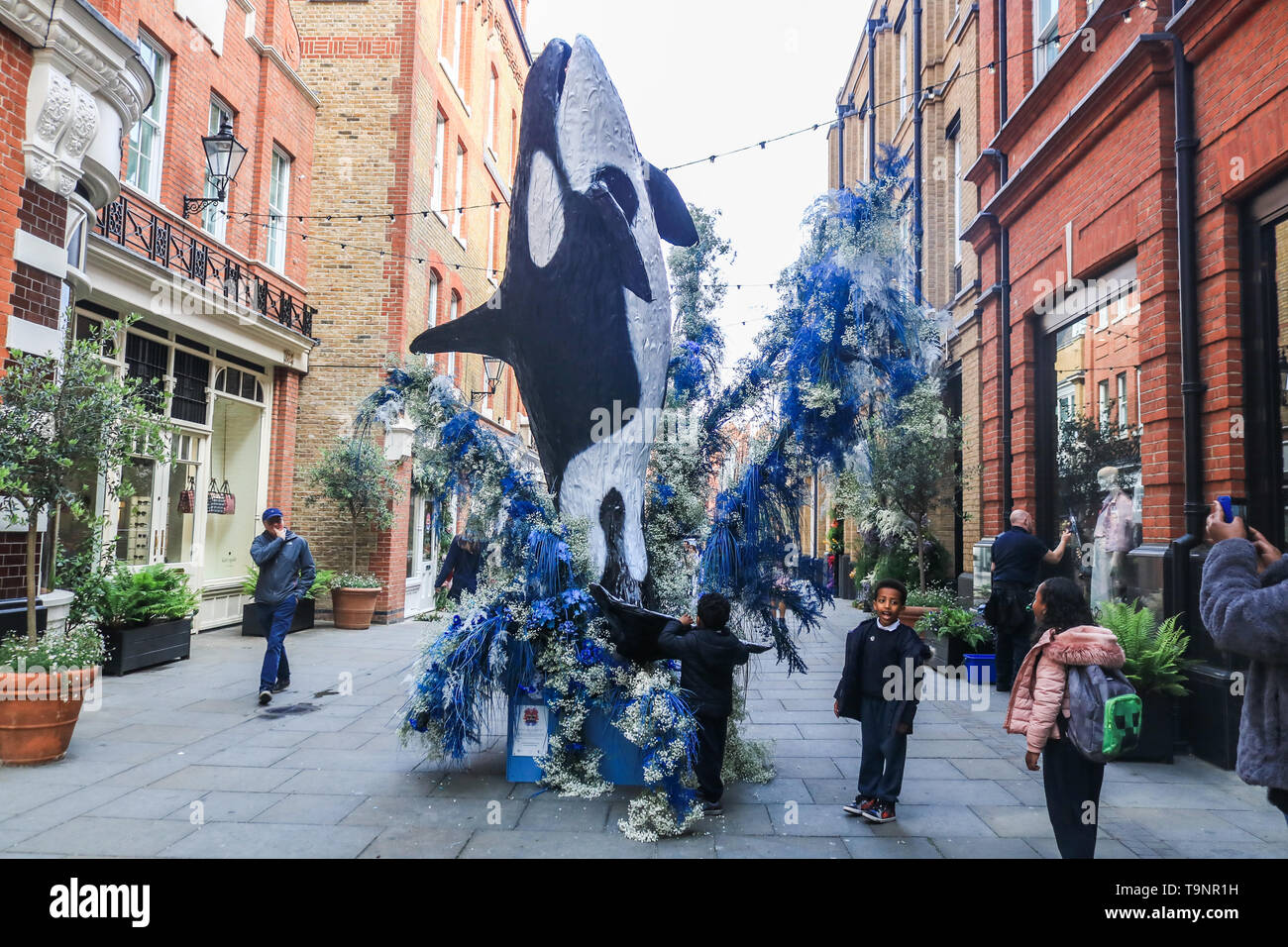 London, UK. 20th May, 2019. A giant ocra Whale is displayed as shops as retailers in fashionable Chelsea decorate their store fronts with creative floral designs and displays to compete for the prestigious annual floral art show awards at the Chelsea in Bloom competition in association with the Royal Horticultural Society (RHS) coinciding with the Chelsea Flower Show. This year's theme is Under The Sea and the Environment Credit: amer ghazzal/Alamy Live News Stock Photo