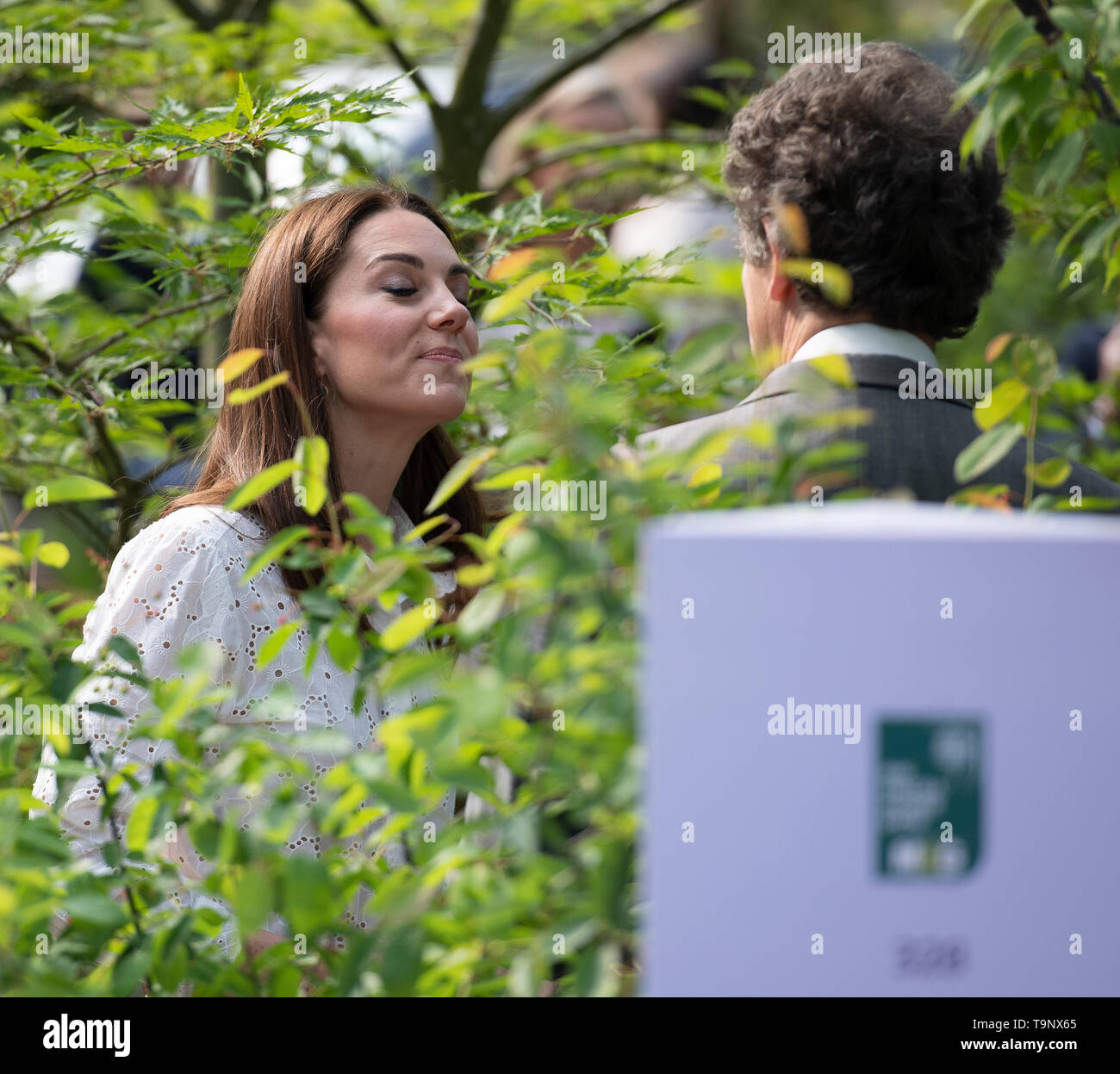 Royal Hospital Chelsea, London, UK. 20th May 2019. HRH The Duchess of Cambridge views her garden, designed with Andree Davies and Adam White at The RHS Back to Nature Garden at the Chelsea Flower Show 2019. Credit: Malcolm Park/Alamy Live News. Stock Photo